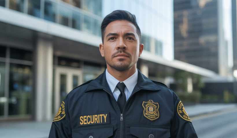 Security guard standing in front of a building in Los Angeles