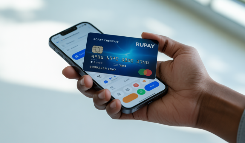 Hand holding a RuPay credit card with a smartphone showing a digital payment app, representing modern Indian payments.