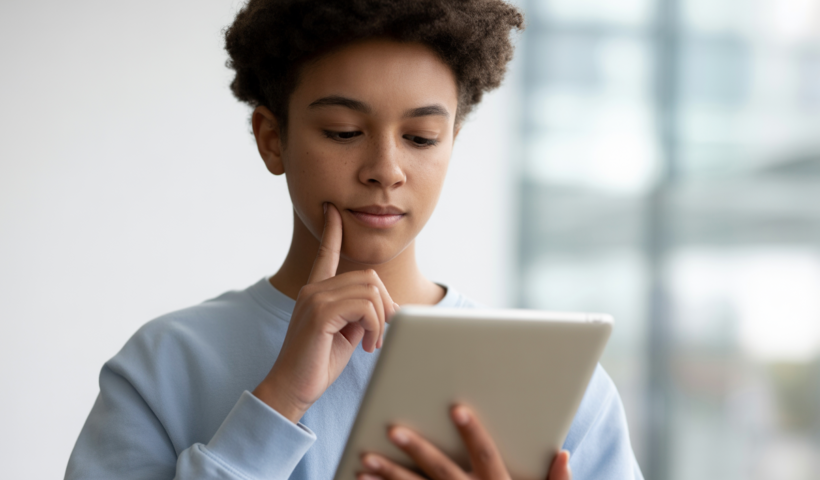 A thoughtful young person looking serene, subtly interacting with a tablet, representing emotional connection and peer support for youth in an urban environment.