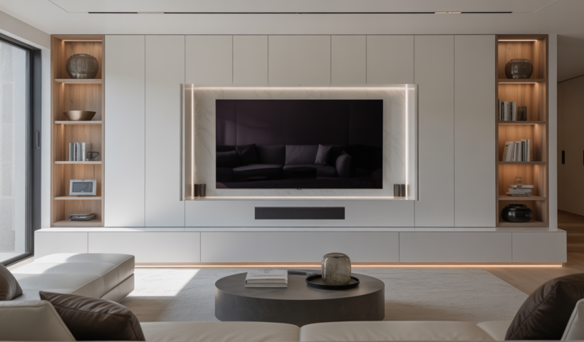 Modern living room featuring a professionally installed media wall with a sleek TV and integrated storage for a clean, sophisticated look.