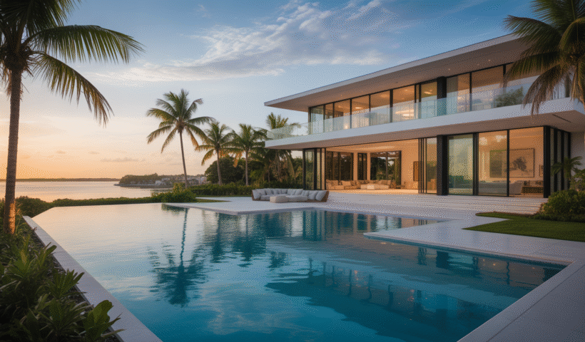 Luxurious modern Florida home with infinity pool, tropical landscaping, and ocean view at sunset, showcasing elegant architectural design and seamless indoor-outdoor living.