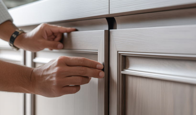 Close-up of a professional handyman ensuring precise alignment of a custom cabinet