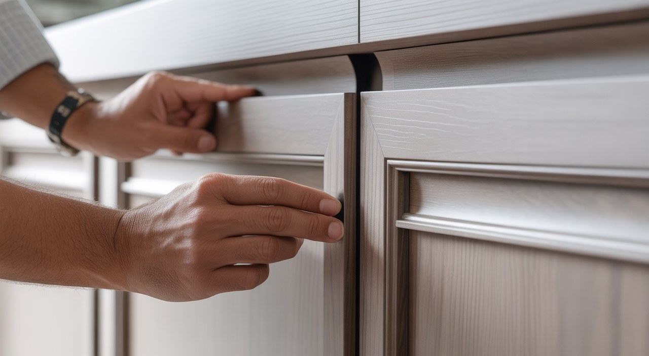 Close-up of a professional handyman ensuring precise alignment of a custom cabinet