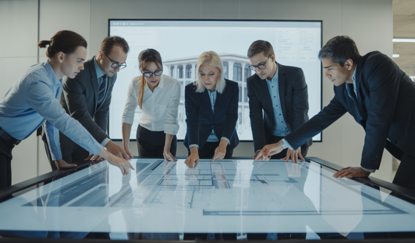 Architects collaborating on digital architectural plans on a tablet, symbolizing modern design efficiency.