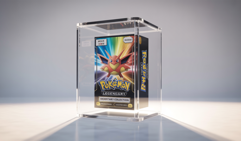 A pristine, sealed Pokémon Legendary Collection booster box in a protective display case.
