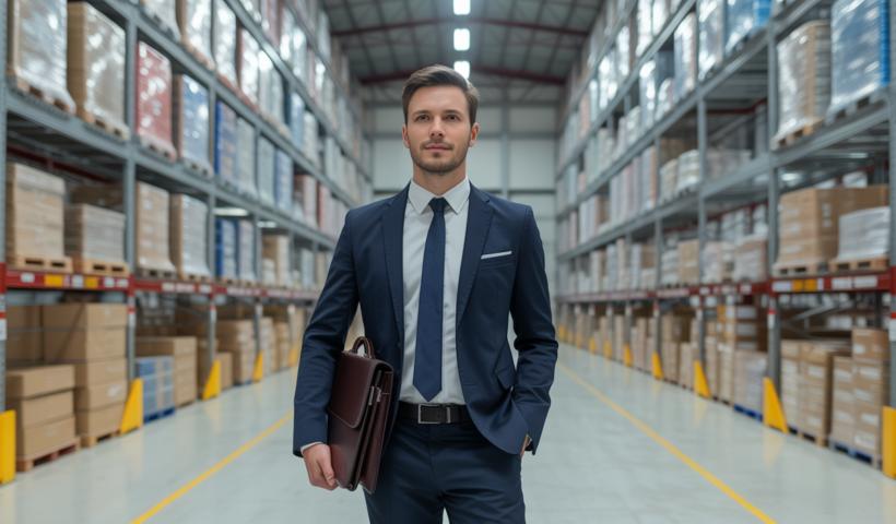 Photorealistic image of confident businessperson in modern warehouse representing global trade and logistics for AEO certification article