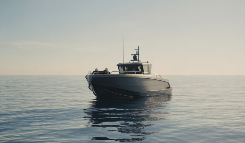 Serene ocean scene with a vessel prepared for a full-body burial at sea at sunrise