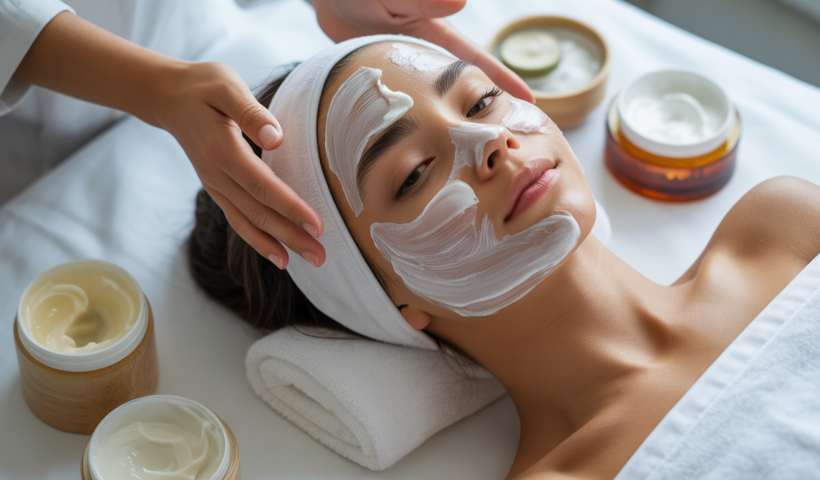 Hero image of a peaceful sensitive skin facial treatment showing a client relaxing with gentle skincare products in a clean spa environment