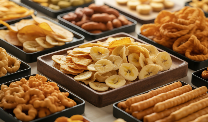 Variety of traditional preservative-free Tamil snacks including banana chips, murukku, and ribbon pakoda on a white background