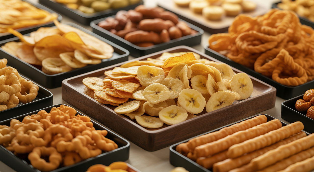 Variety of traditional preservative-free Tamil snacks including banana chips, murukku, and ribbon pakoda on a white background