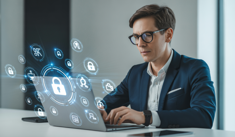 Photorealistic image of a cybersecurity consultant working on laptop with digital security icons, representing cybersecurity consulting in Canada