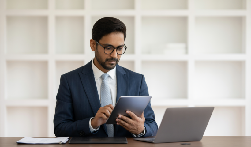 Photorealistic image of an Indian businessman analyzing financial documents on digital devices representing private wealth management in India