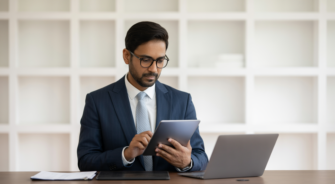 Photorealistic image of an Indian businessman analyzing financial documents on digital devices representing private wealth management in India