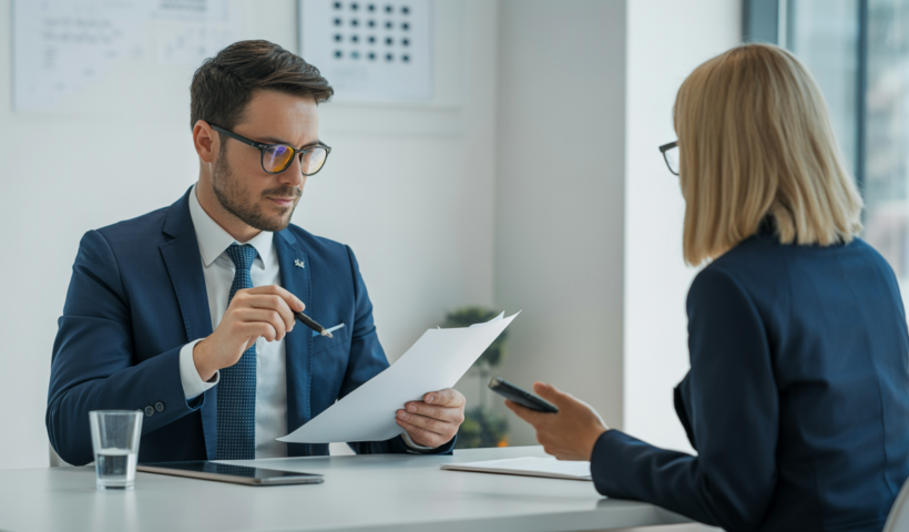 Startup founder consulting with a SaaS contracts lawyer, discussing legal documents in a professional bright office environment