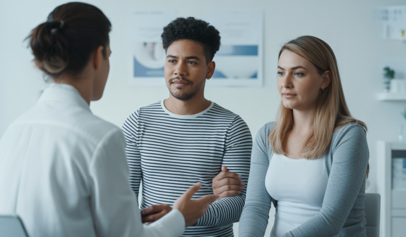Diverse LGBTQ+ couple receiving fertility consultation in a bright modern clinic with white background