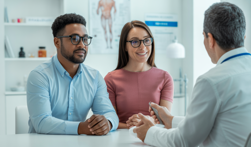 Couple consulting fertility specialist doctor in a modern clinic with professional lighting on white background