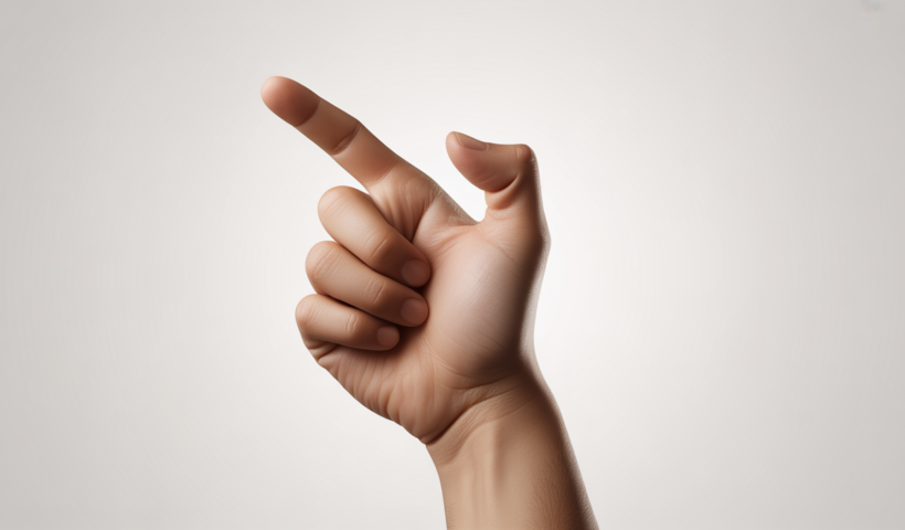 Close-up professional photograph of a human hand showing a bent index finger straightening illustrating trigger finger condition with clean white background