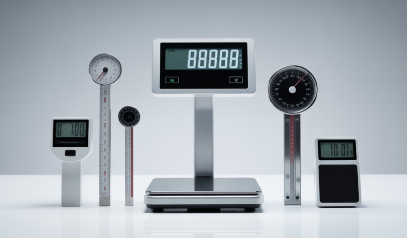 High-quality hero image of digital weighing scales and measuring instruments for Legal Metrology certification on a white background