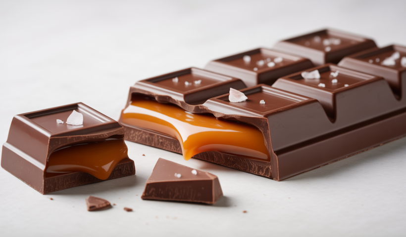 High-resolution image of dark chocolate sea salt caramel bar with visible caramel and sea salt flakes on white background