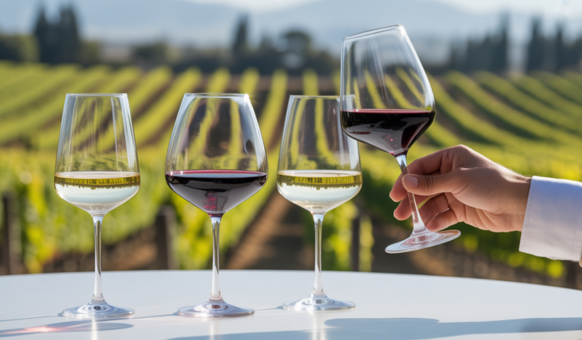 Photorealistic image of a private wine tasting scene at Napa Valley's O'Brien Estate featuring wine glasses and vineyard background