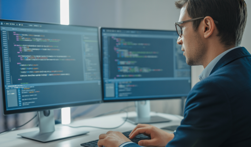 High-quality professional photograph of a web developer coding on a computer in a modern, clean workspace with a white background