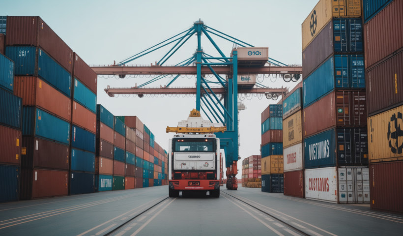 Photorealistic image of cargo containers and customs inspection at an Indian port symbolizing import regulation compliance and EPR certificate importance