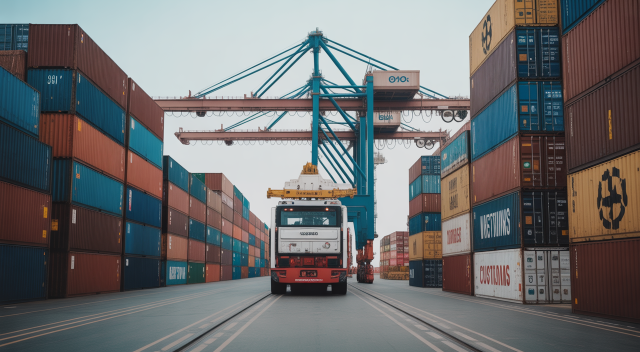 Photorealistic image of cargo containers and customs inspection at an Indian port symbolizing import regulation compliance and EPR certificate importance