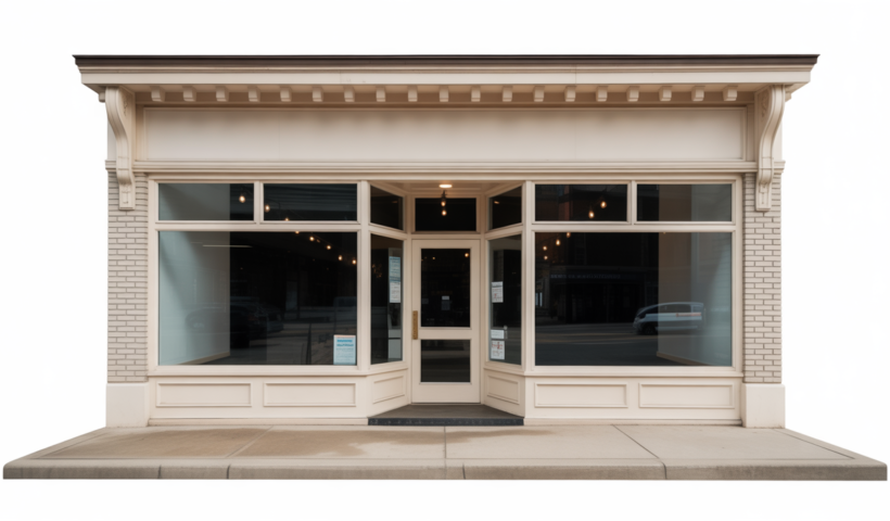 Photorealistic image of a modern small business storefront in Kansas with professional lighting on a neutral background