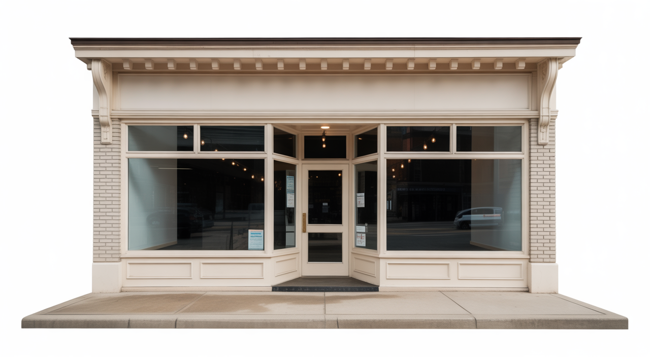 Photorealistic image of a modern small business storefront in Kansas with professional lighting on a neutral background