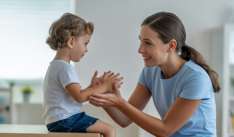 Photorealistic image of a therapist engaging with a young child in an ABA therapy session on a neutral background