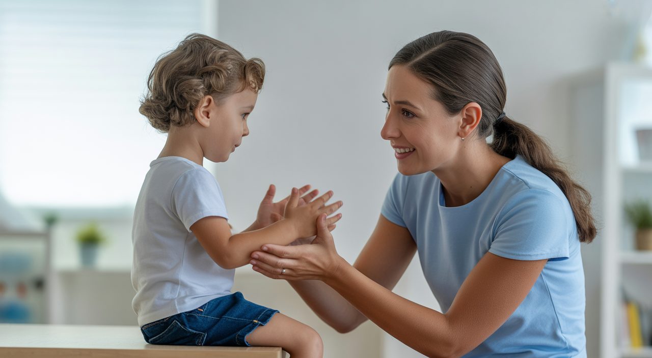Photorealistic image of a therapist engaging with a young child in an ABA therapy session on a neutral background