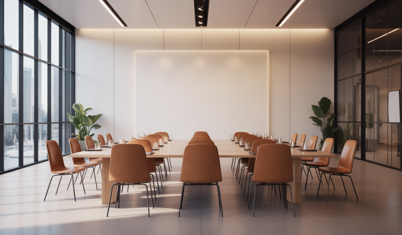 Photorealistic image of a modern corporate event setup in Australia with elegant conference room and professional lighting
