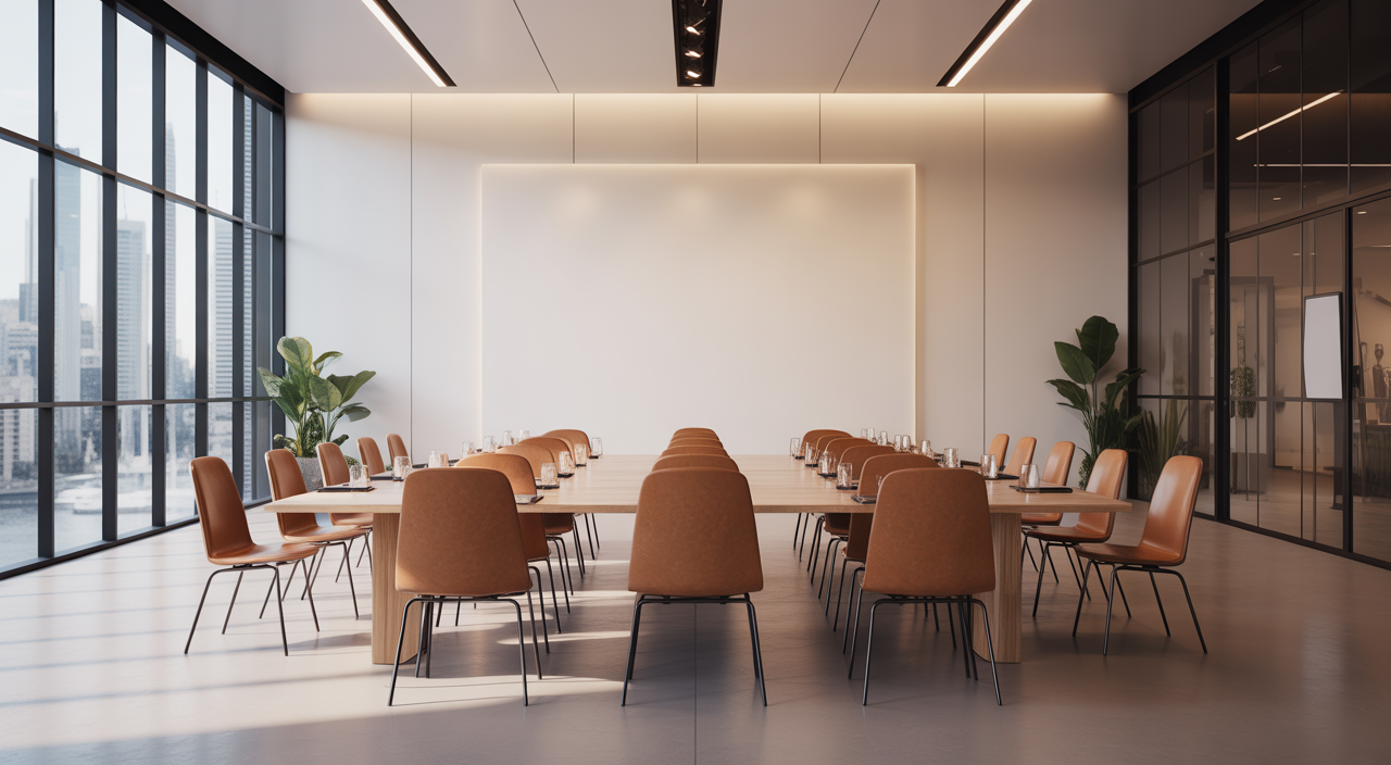 Photorealistic image of a modern corporate event setup in Australia with elegant conference room and professional lighting