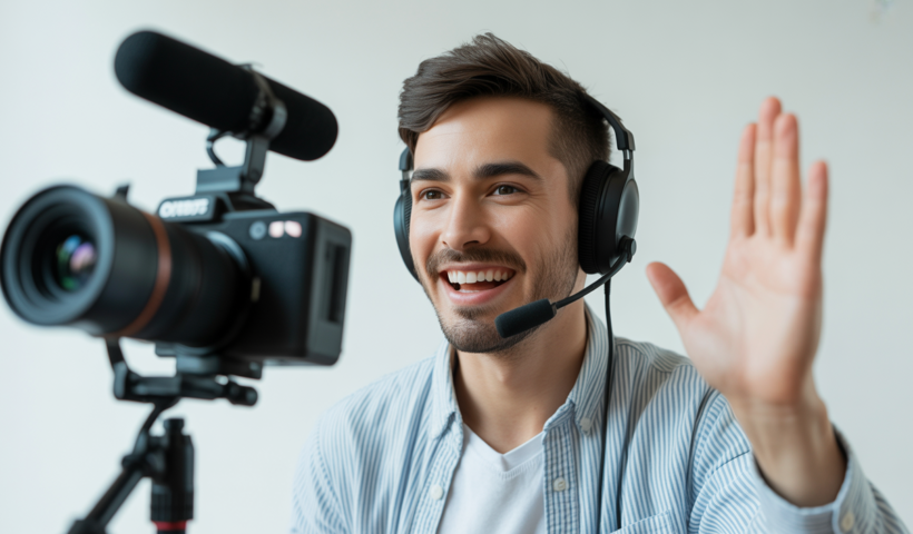 High-quality professional photo of a modern YouTuber recording content with professional equipment on a clean white background