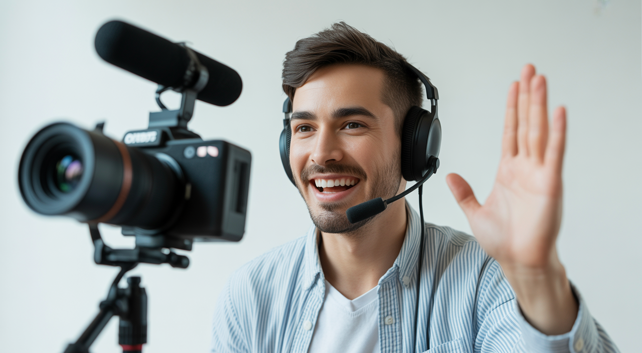 High-quality professional photo of a modern YouTuber recording content with professional equipment on a clean white background