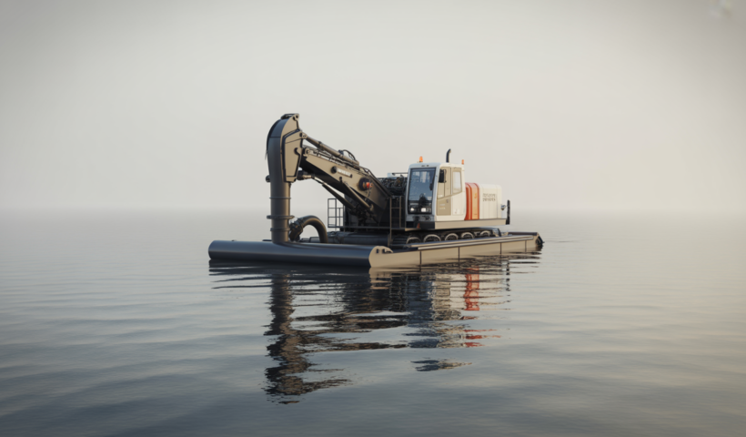 Photorealistic image of a modern sand dredge machine operating on a river with clear details of pump and suction system