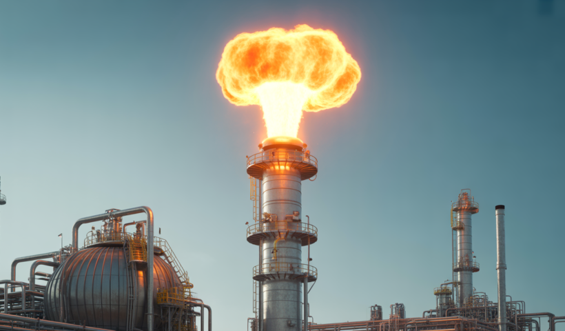 Photorealistic image of an industrial flare stack burning off waste gases with bright flame at an industrial refinery facility