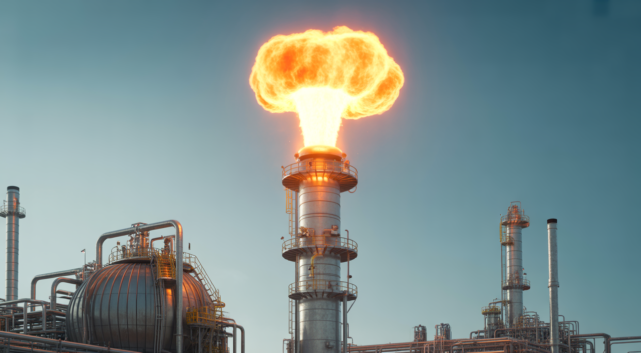 Photorealistic image of an industrial flare stack burning off waste gases with bright flame at an industrial refinery facility