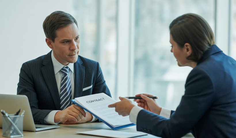 Photorealistic image of a businessperson consulting a terms and conditions lawyer in a modern office, symbolizing professional legal advice for businesses