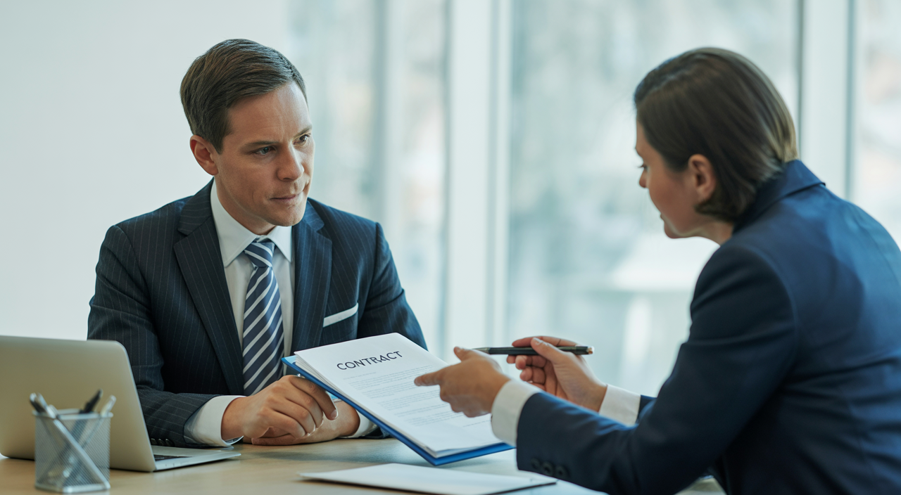Photorealistic image of a businessperson consulting a terms and conditions lawyer in a modern office, symbolizing professional legal advice for businesses